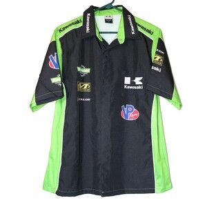 Kawasaki Pit Crew Racing Shirt Snap Front Short Sleeve Mens M